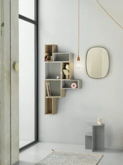 Muuto Mini Stacked Storage System -DWR Sales W Mini Stacked Group Oak Light Gray E27 Clay Brown Framed Mirror Halves side tabe ply Dots org